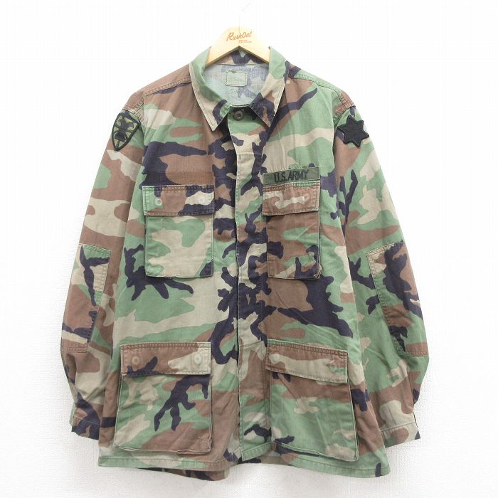 XL★古着 長袖 ミリタリー ジャケット メンズ コンバット ウッドランドカモ USA製 緑 グリーン 迷彩 25sep04 中古 アウター フライト