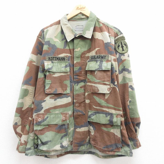 【20%OFF】L★古着 長袖 ミリタリー ジャケット メンズ 80年代 80s USアーミー コンバット ウッドランドカモ 濃ベージュ他 カーキ 迷彩 25sep05 中古 アウター フライト