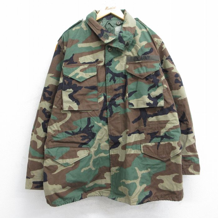 XL★古着 長袖 ミリタリー フィールド ジャケット メンズ 90年代 90s M-65 USアーミー ARMY ウッドランドカモ ロング丈 USA製 濃緑他 グリーン 迷彩 25sep22 中古 アウター フライト