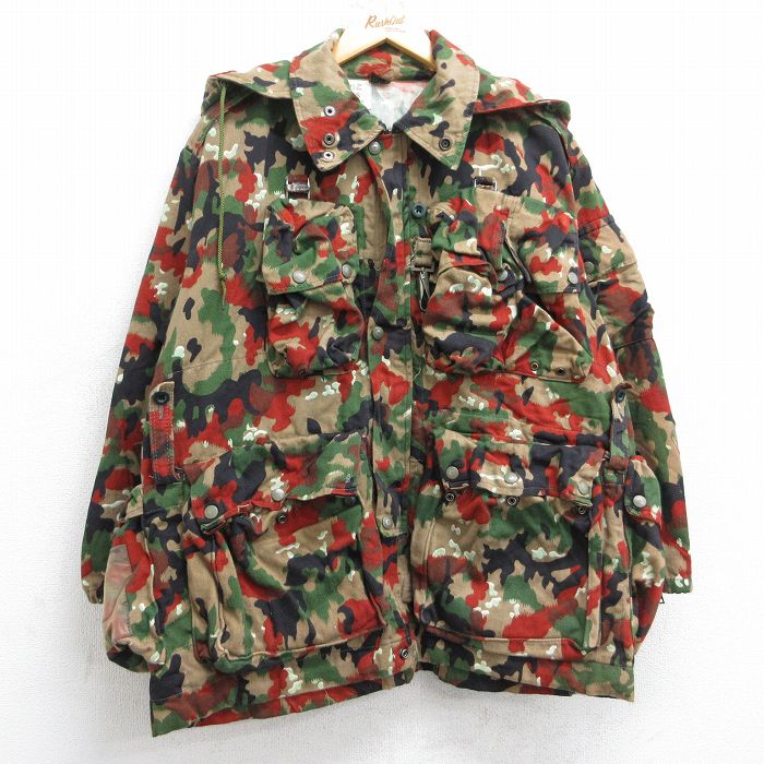 XL★古着 長袖 ビンテージ ミリタリー ジャケット パーカー メンズ 70年代 70s スイス軍 アルペンカモ M60 ヒジ当て ベージュ他 カーキ 迷彩 【spe】 25sep22 中古 アウター フライト