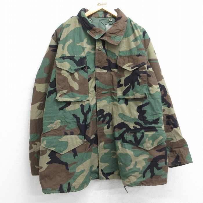 XL★古着 長袖 ミリタリー フィールド ジャケット メンズ 90年代 90s M-65 ウッドランドカモ ロング丈 USA製 濃緑他 グリーン 迷彩 25sep22 中古 アウター フライト