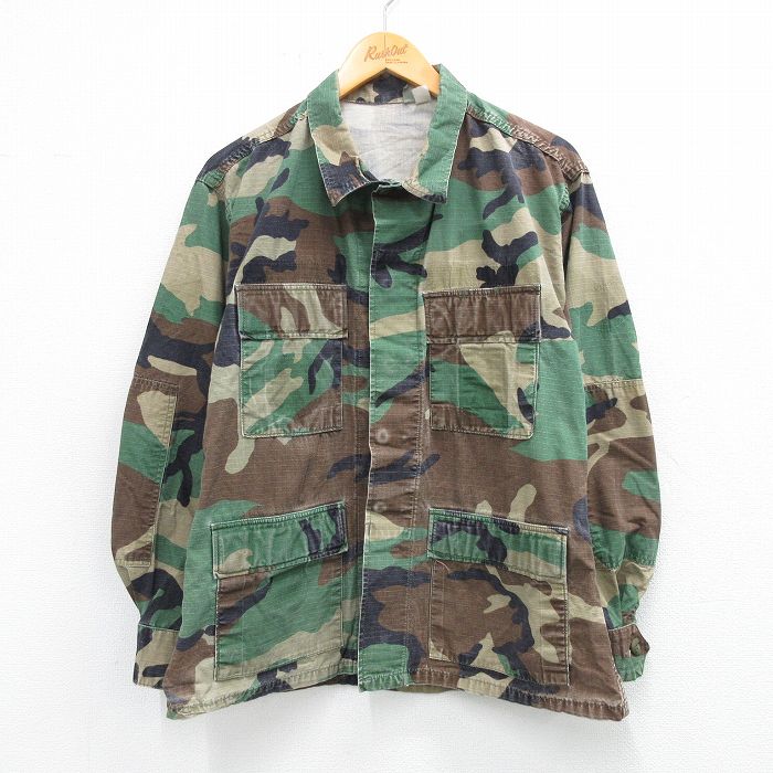 L★古着 長袖 ミリタリー ジャケット メンズ 90年代 90s コンバット リップストップ ウッドランドカモ コットン USA製 濃緑他 グリーン 迷彩 25sep27 中古 アウター フライト