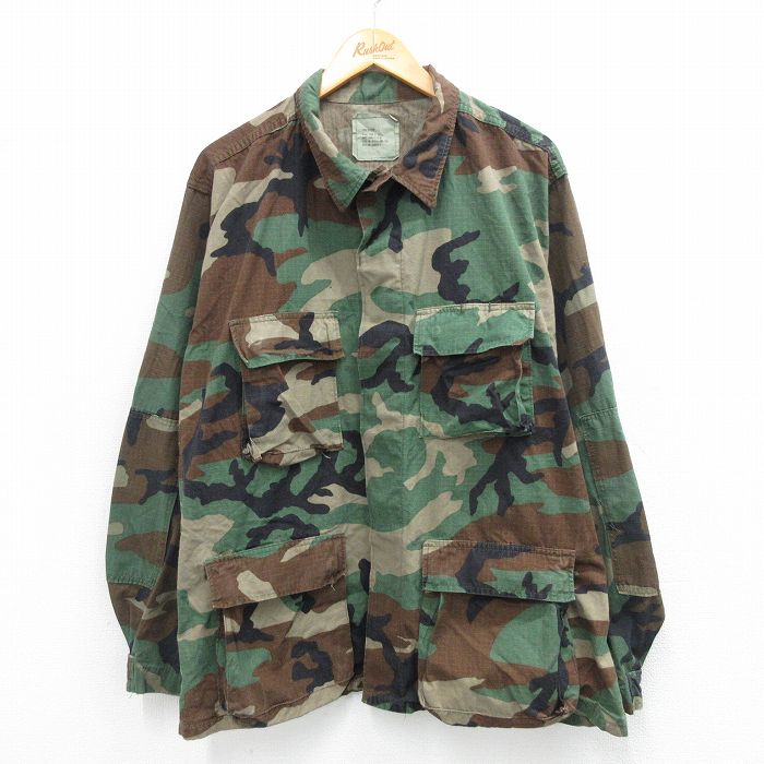 XL★古着 長袖 ミリタリー ジャケット メンズ 80年代 80s コンバット リップストップ ウッドランドカモ コットン USA製 濃緑他 グリーン 迷彩 【spe】 25sep27 中古 アウター フライト