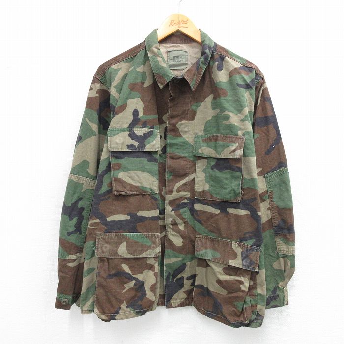 【20%OFF】XL★古着 長袖 ミリタリー ジャケット メンズ 90年代 90s コンバット リップストップ ウッドランドカモ コットン USA製 濃緑他 グリーン 迷彩 25sep27 中古 アウター フライト
