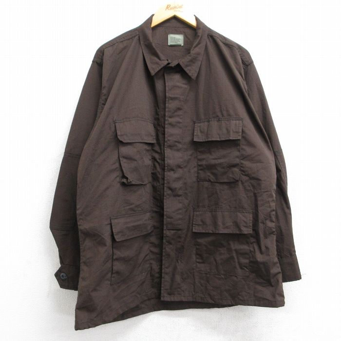 XL★古着 長袖 ミリタリー ジャケット メンズ リップストップ ロング丈 USA製 茶 ブラウン 25sep30 中古 アウター フライト