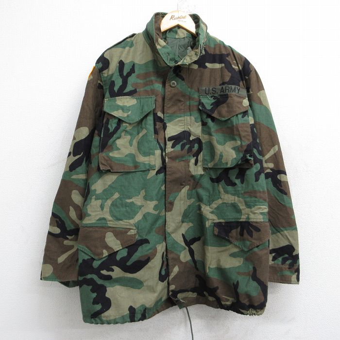 【20%OFF】L★古着 長袖 ミリタリー フィールド ジャケット メンズ 90年代 90s M-65 USアーミー ARMY ウッドランドカモ ロング丈 濃緑他 グリーン 迷彩 25sep30 中古 アウター フライト