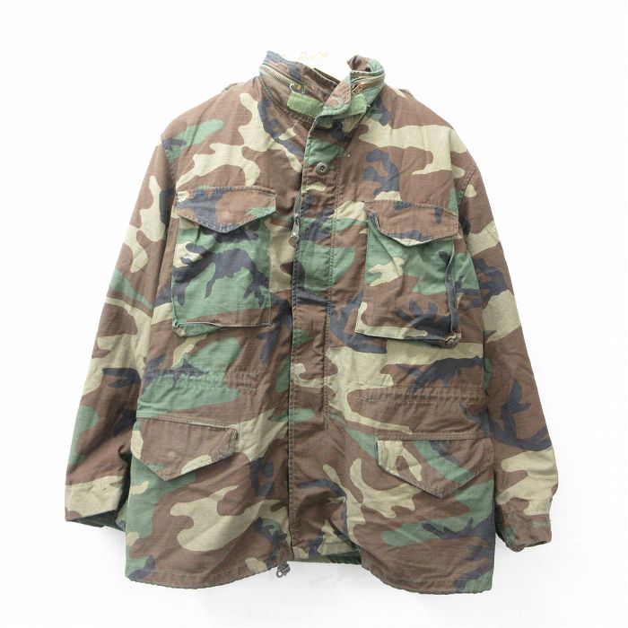 L★古着 長袖 ミリタリー フィールド ジャケット メンズ 80年代 80s M-65 ウッドランドカモ USA製 濃緑他 グリーン 迷彩 内側キルティング 【spe】 25oct01 中古 アウター フライト