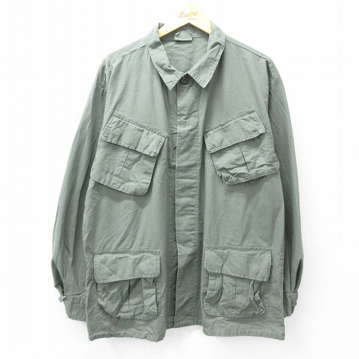 XL★古着 長袖 ミリタリー ジャケット メンズ リップストップ 大きいサイズ コットン 濃緑 グリーン 25oct01 中古 アウター フライト