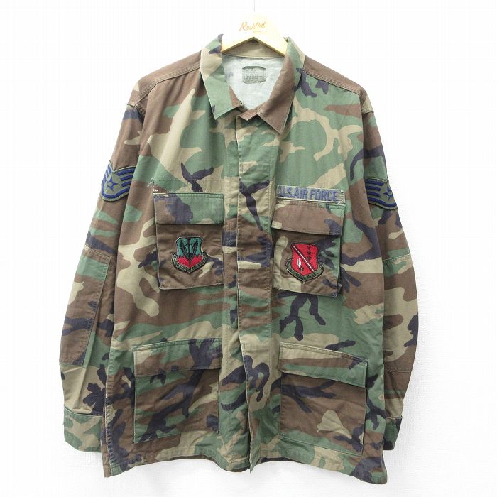 XL★古着 長袖 ミリタリー ジャケット メンズ 90年代 90s コンバット USエアフォース ワッペン ウッドランドカモ 大きいサイズ 濃緑他 グリーン 迷彩 25oct01 中古 アウター フライト
