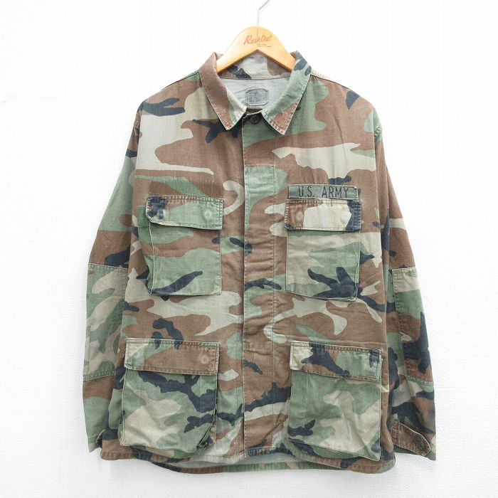 L★古着 長袖 ミリタリー ジャケット メンズ 80年代 80s コンバット ウッドランドカモ USアーミー ARMY USA製 濃緑 グリーン 迷彩 25oct04 中古 アウター フライト
