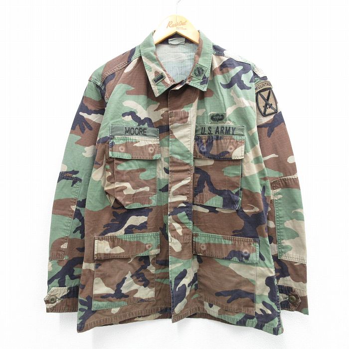 L★古着 長袖 ミリタリー ジャケット メンズ 90年代 90s コンバット ウッドランドカモ リップストップ USアーミー ARMY USA製 濃緑 グリーン 迷彩 25oct04 中古 アウター フライト