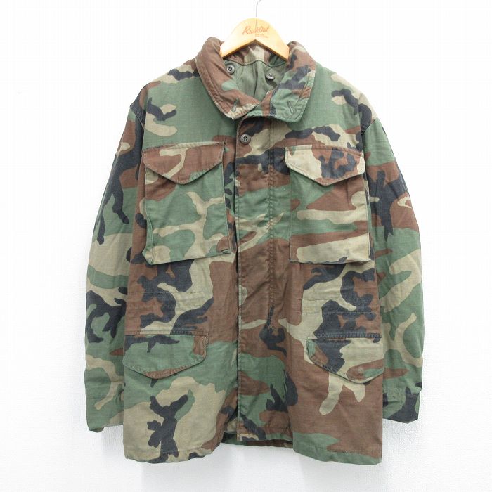 M★古着 長袖 ミリタリー フィールド ジャケット メンズ 80年代 80s M-65 ウッドランドカモ USA製 濃緑 グリーン 迷彩 25oct04 中古 アウター フライト