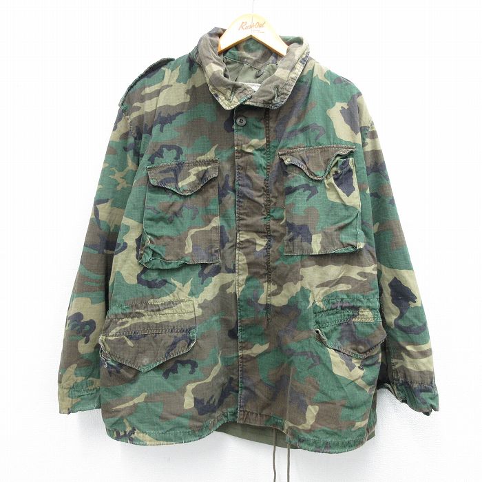 XL★古着 長袖 ミリタリー フィールド ジャケット メンズ 80年代 80s M-65 ウッドランドカモ リップストップ 大きいサイズ 濃緑 グリーン 迷彩 25oct04 中古 アウター フライト