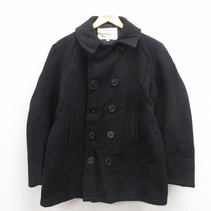 L★古着 長袖 ミリタリー ピーコート Pコート メンズ ウール USA製 黒 ブラック 内側キルティング 25oct04 中古 アウター