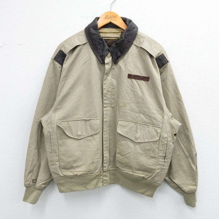 XL★古着 長袖 ミリタリー コックピット ジャケット メンズ 00年代 00s A-2 襟レザー エアフォース USアーミー ARMY ベージュ カーキ 25oct22 中古 アウター フライト