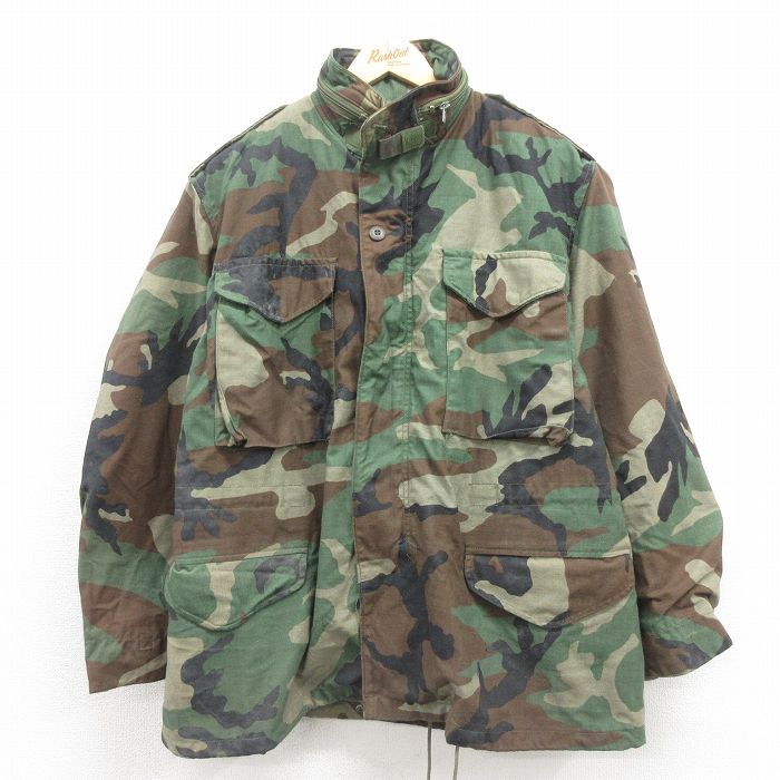 L★古着 長袖 ミリタリー フィールド ジャケット メンズ 80年代 80s M-65 ウッドランドカモ USA製 緑 グリーン 迷彩 25oct25 中古 アウター フライト