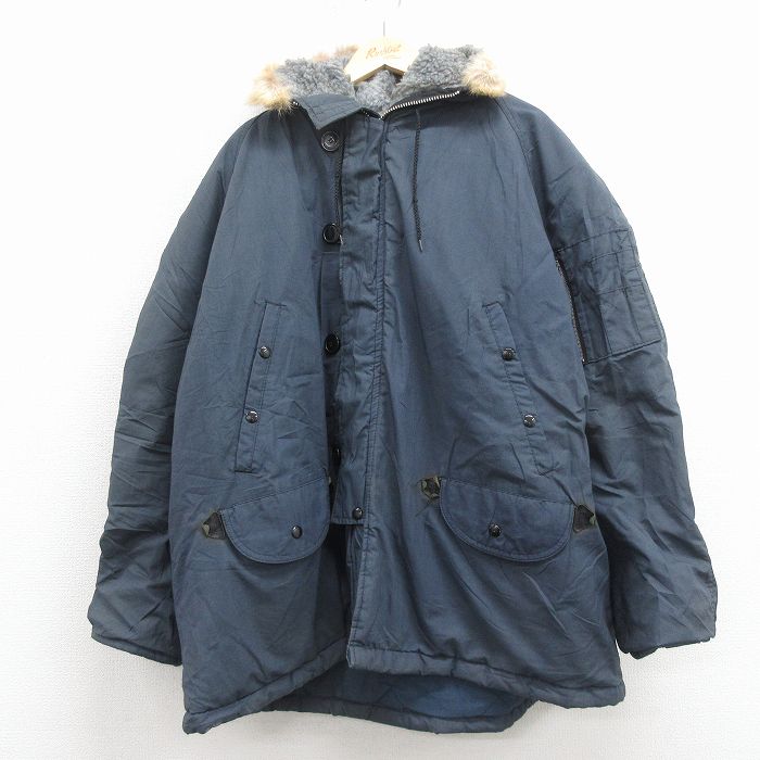 XL★古着 長袖 ミリタリー ジャケット メンズ 80年代 80s N-3B 大きいサイズ ロング丈 リアルファー ラグラン 紺 内側キルティング 25nov12