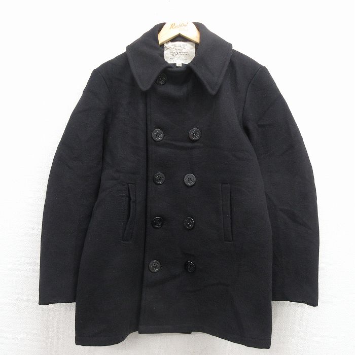 M★古着 長袖 ミリタリー ウール ピーコート メンズ 90年代 90s USA製 黒 内側キルティング 25dec02