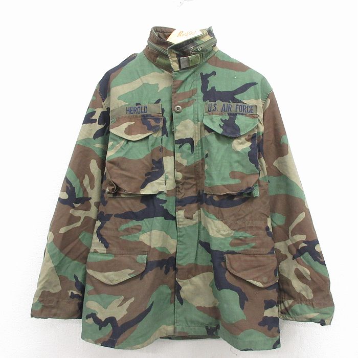 M★古着 長袖 ミリタリー フィールド ジャケット メンズ 80年代 80s M-65 USエアフォース ウッドランドカモ USA製 緑他 迷彩 25dec06