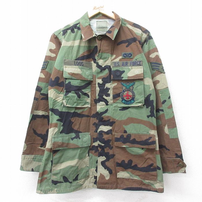 M★古着 長袖 ミリタリー ジャケット メンズ 00年代 00s USエアフォース コンバット リップストップ ウッドランドカモ USA製 緑他 迷彩 26jan15
