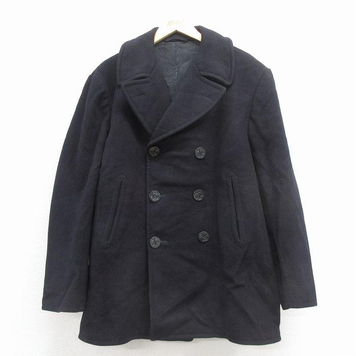 L★古着 長袖 ビンテージ ミリタリー ピーコート Pコート メンズ 70年代 70s ロング丈 ウール USA製 黒 26jan17