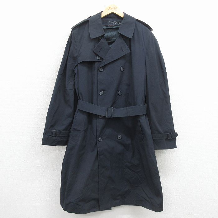 XL★古着 長袖 ミリタリー トレンチ コート メンズ 80年代 80s ロング丈 USA製 紺 26mar09
