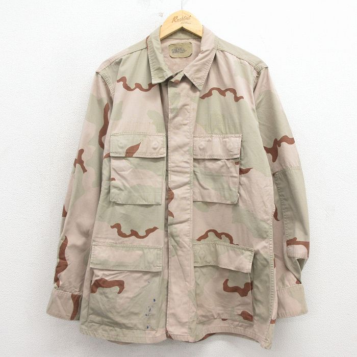 L★古着 長袖 ミリタリー ジャケット メンズ 90年代 90s コンバット リップストップ デザートカモ USA製 ベージュ他 迷彩 26mar13