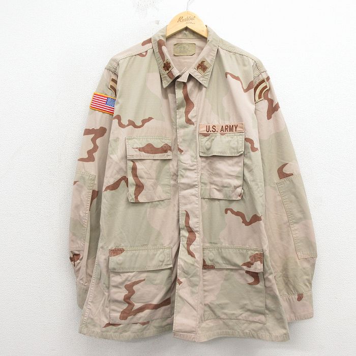 L★古着 長袖 ミリタリー ジャケット メンズ 90年代 90s コンバット リップストップ デザートカモ ロング丈 USA製 ベージュ 迷彩 26apr13