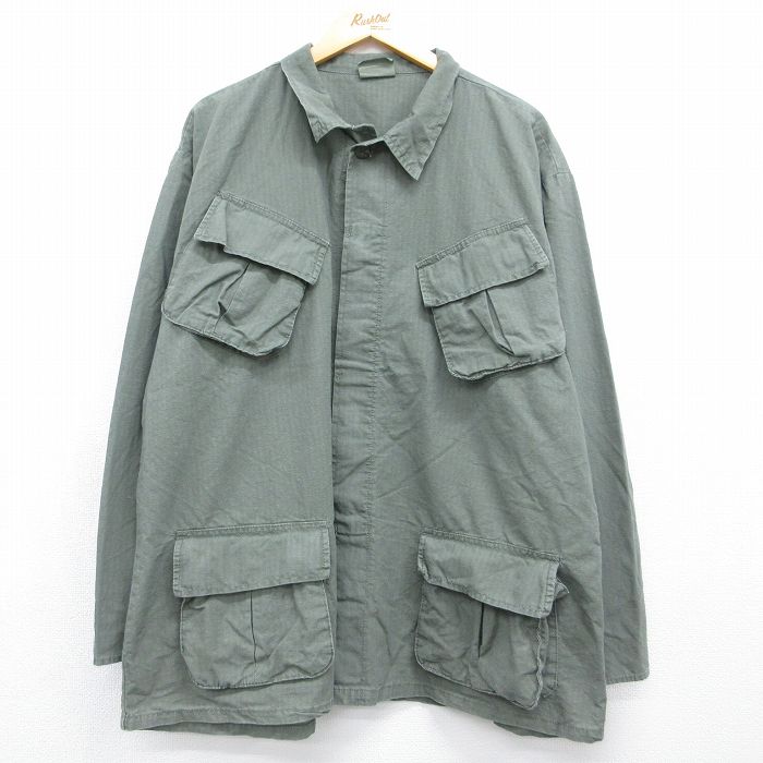XL★古着 長袖 ミリタリー ジャングル ファティーグ ジャケット メンズ リップストップ 大きいサイズ コットン カーキ 26jul06
