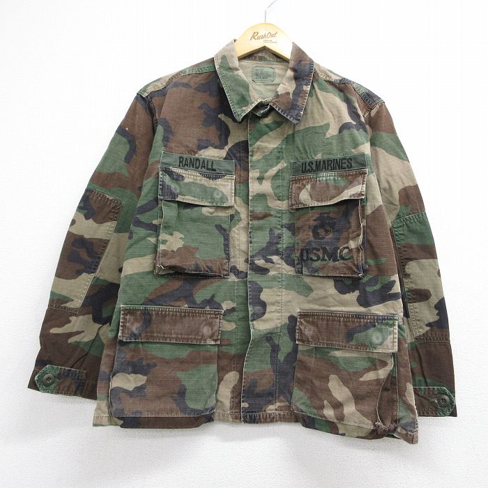 L★古着 長袖 ミリタリー ジャケット メンズ 80年代 80s USMC コンバット リップストップ ウッドランドカモ コットン USA製 カーキ 迷彩 26aug10