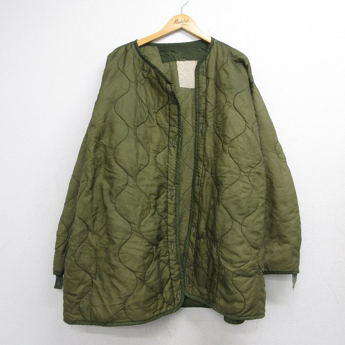 XL★古着 長袖 ミリタリー ナイロン ライナー ジャケット メンズ 80年代 80s リップストップ 大きいサイズ ロング丈 USA製 カーキ 26aug10