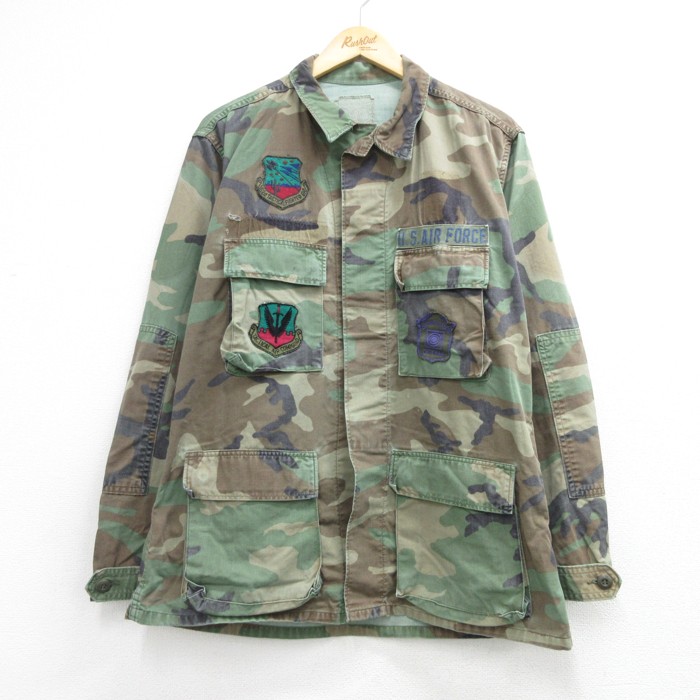 US AIR FORCE 長袖ミリタリージャケット コンバット ウッドランド迷彩 カーキ メンズL相当 | 古着