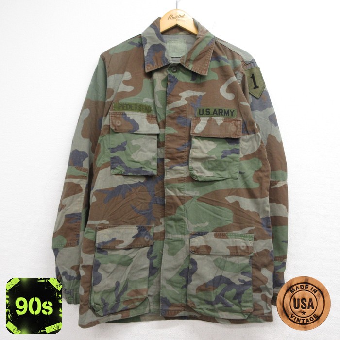 US ARMY 長袖 ミリタリー ジャケット 90s コンバット ウッドランドカモ BDU USA製 カーキ 迷彩 メンズL相当 | 古着