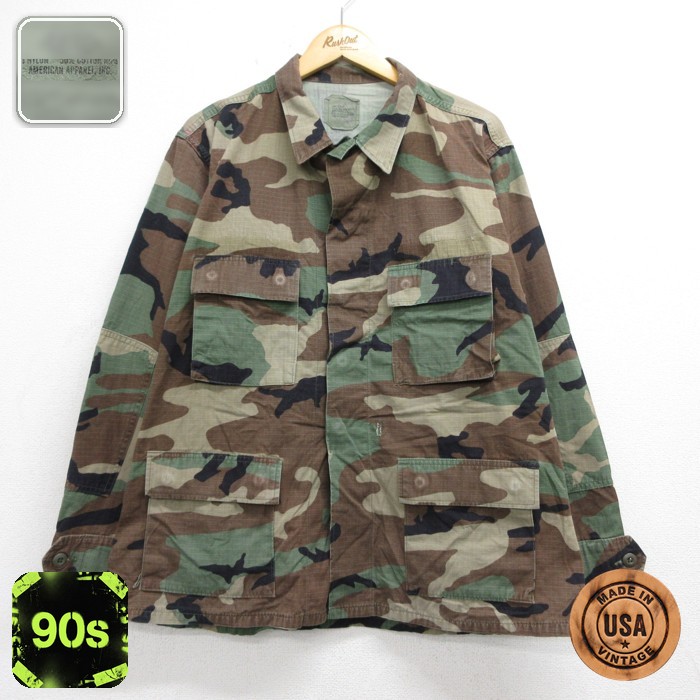 長袖 ミリタリー ジャケット 90s コンバット ウッドランドカモ BDU リップストップ USA製 カーキ 迷彩 メンズXL相当 | 古着