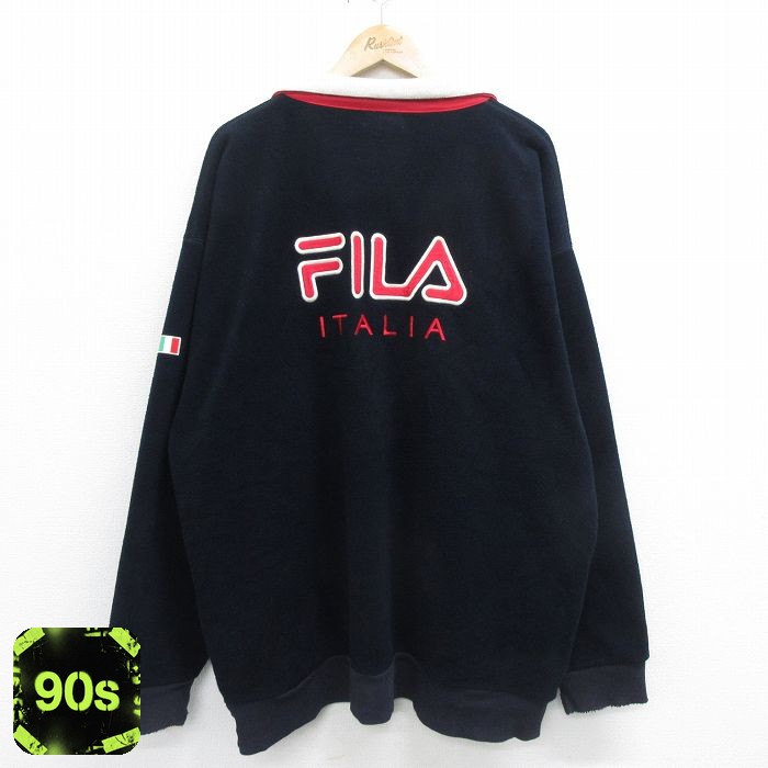 【50%OFF】フィラ 90s ハーフジップフリースジャケット ビッグロゴ ネイビー XL | 古着