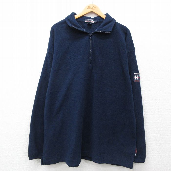 XL★古着 ノーティカ NAUTICA 長袖 ハーフジップ ブランド フリース ジャケット メンズ 90年代 90s ワンポイントロゴ コンペティション リフレクター 大きいサイズ ロング丈 USA製 紺 ネイビー 24oct03 中古 アウター