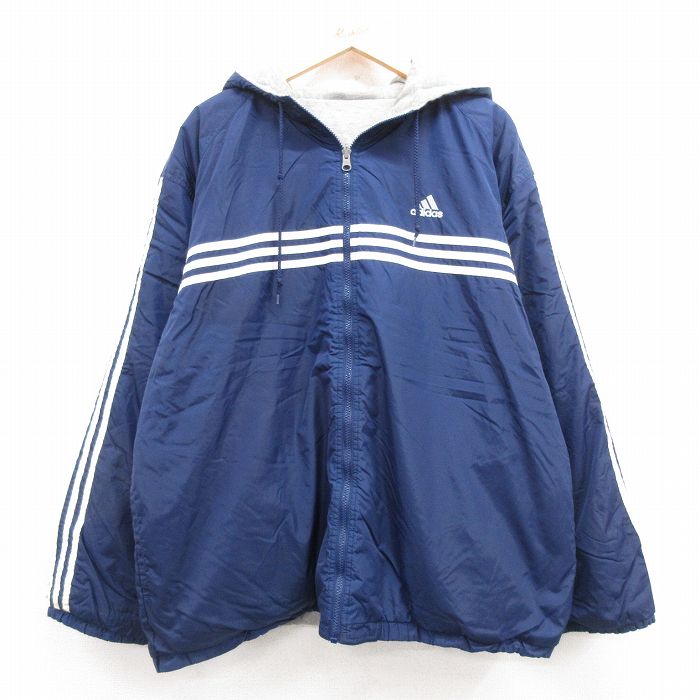 XL★古着 アディダス adidas 長袖 ナイロン ジャケット パーカー メンズ 90年代 90s ビッグロゴ 刺繍 リバーシブル 紺他 ネイビー 3本ライン 24oct05 中古 アウター