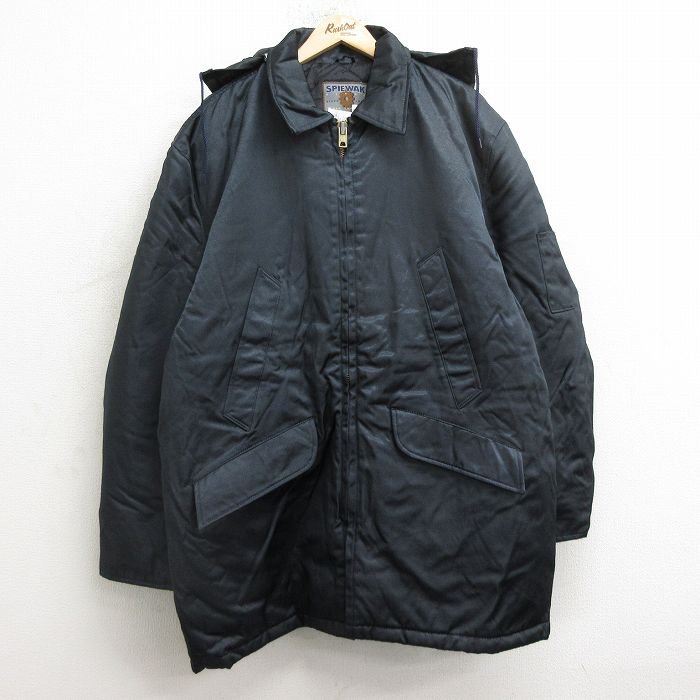 XL★古着 長袖 ナイロン コート メンズ 90年代 90s 大きいサイズ ロング丈 レーヨン USA製 紺 ネイビー 内側キルティング 24nov20 中古 アウター