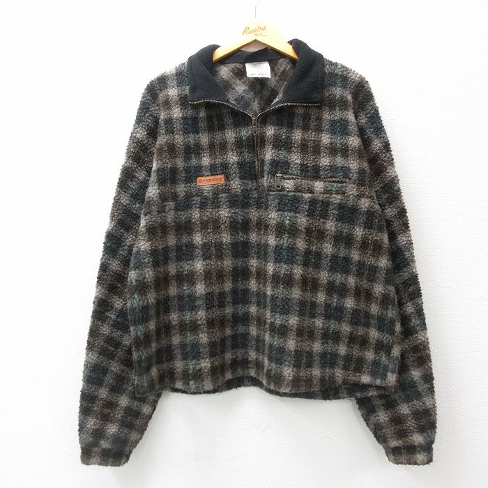 L★古着 長袖 ハーフジップ フリース ジャケット メンズ 90年代 90s USA製 茶系他 ブラウン チェック 24nov21 中古 アウター