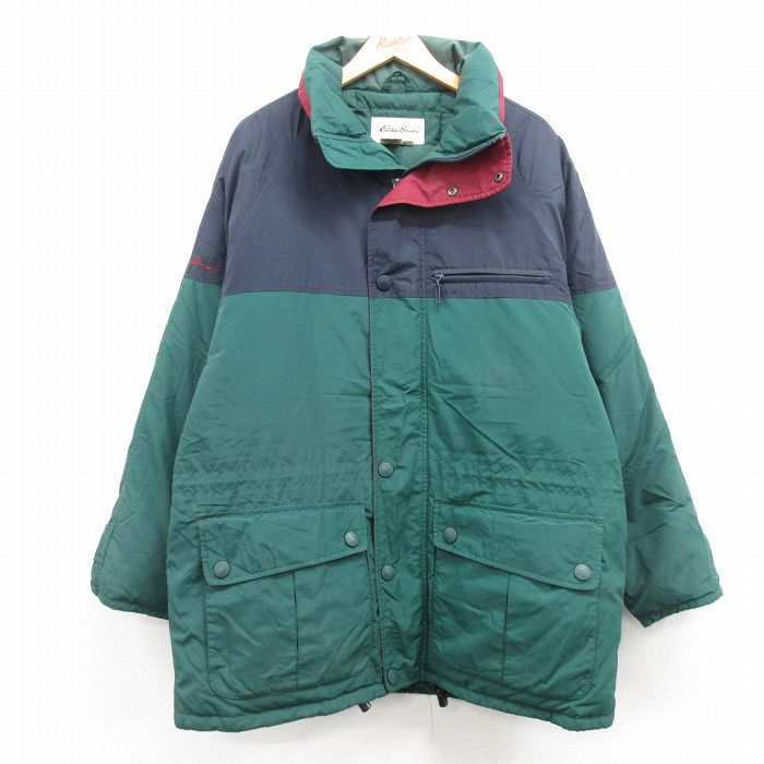 XL★古着 エディーバウアー 長袖 ナイロン ダウン ジャケット メンズ 00年代 00s ワンポイントロゴ ロング丈 ラグラン 緑他 グリーン 内側キルティング 【spe】 24dec06 中古 アウター
