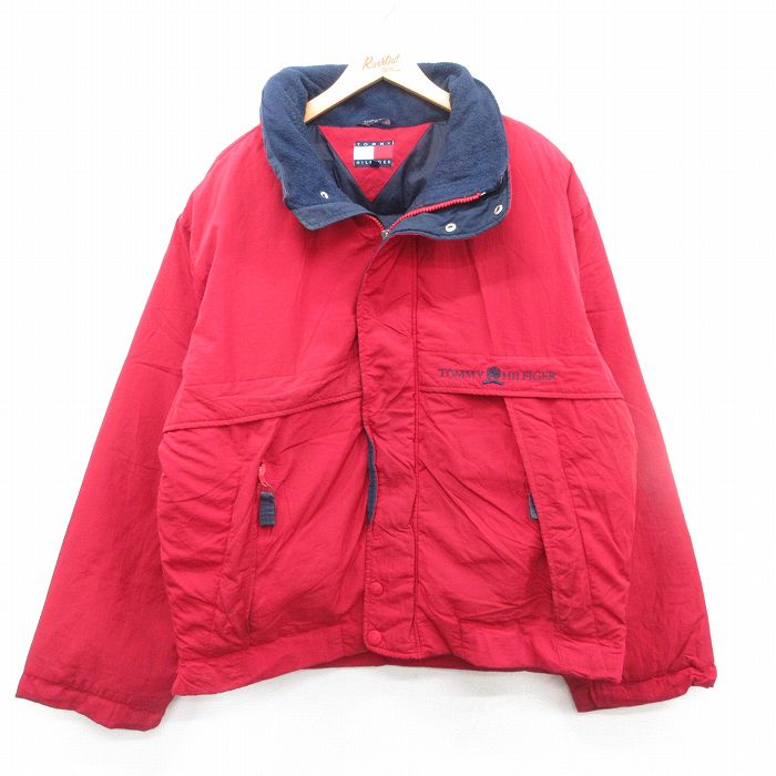 XL★古着 トミーヒルフィガー TOMMY HILFIGER 長袖 ブランド ナイロン ダウン ジャケット メンズ 90年代 90s ワンポイントロゴ 大きいサイズ 赤 レッド 【spe】 24dec10 中古 アウター