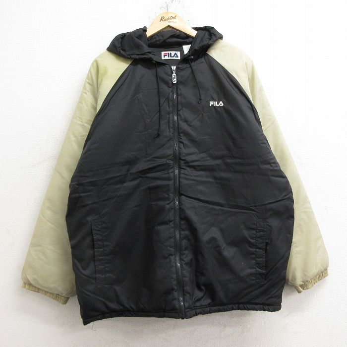 【50%OFF】XL★古着 フィラ FILA 長袖 ナイロン ジャケット パーカー メンズ ワンポイントロゴ ラグラン ツートンカラー 黒他 ブラック 24dec14 中古 アウター