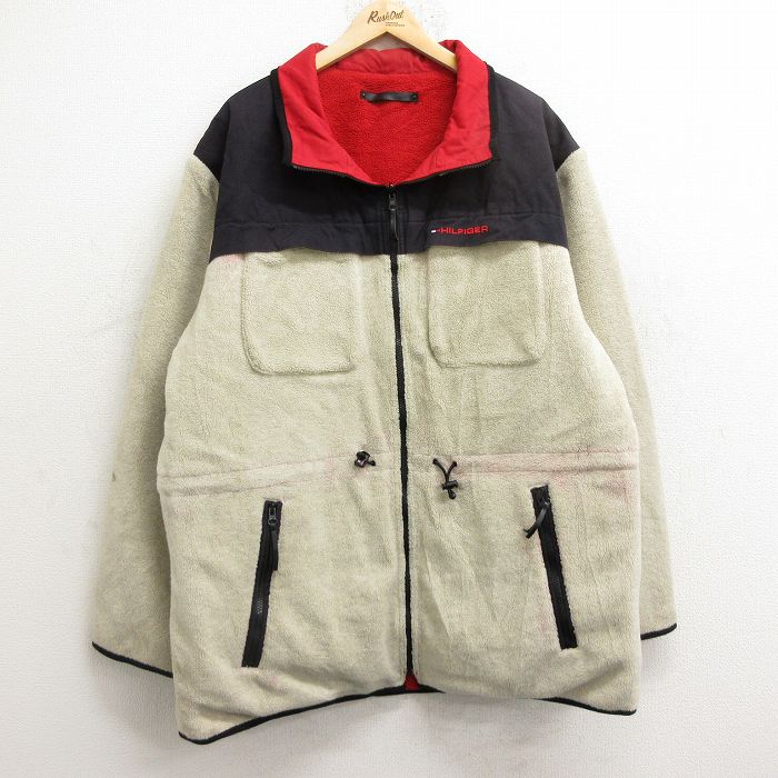 【50%OFF】XL★古着 トミーヒルフィガー TOMMY HILFIGER 長袖 ブランド フリース ジャケット メンズ ワンポイントロゴ リバーシブル ロング丈 ベージュ他 カーキ 【spe】 24dec14 中古 アウター