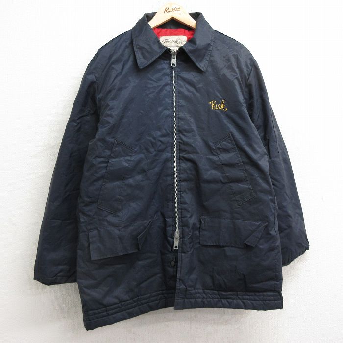 【20%OFF】L★古着 長袖 ジャケット パーカー メンズ 80年代 80s　ロング丈 紺 ネイビー 内側キルティング 24dec17 中古 アウター