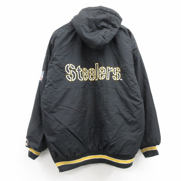 XL★古着 スターター STARTER 長袖 ジャケット パーカー メンズ 90年代 90s NFL ピッツバーグスティーラーズ 刺繍 黒 ブラック 内側キルティング アメフト スーパーボウル 24dec19 中古 アウター