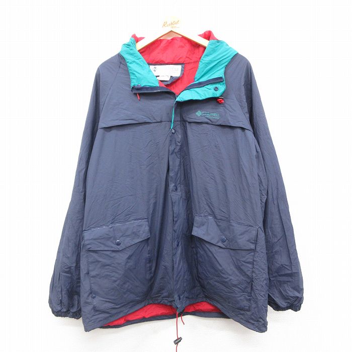 【20%OFF】XL★古着 コロンビア COLUMBIA 長袖 ジャケット パーカー メンズ 90年代 90s ワンポイントロゴ 大きいサイズ ロング丈 ラグラン 紺 ネイビー 24dec19 中古 アウター