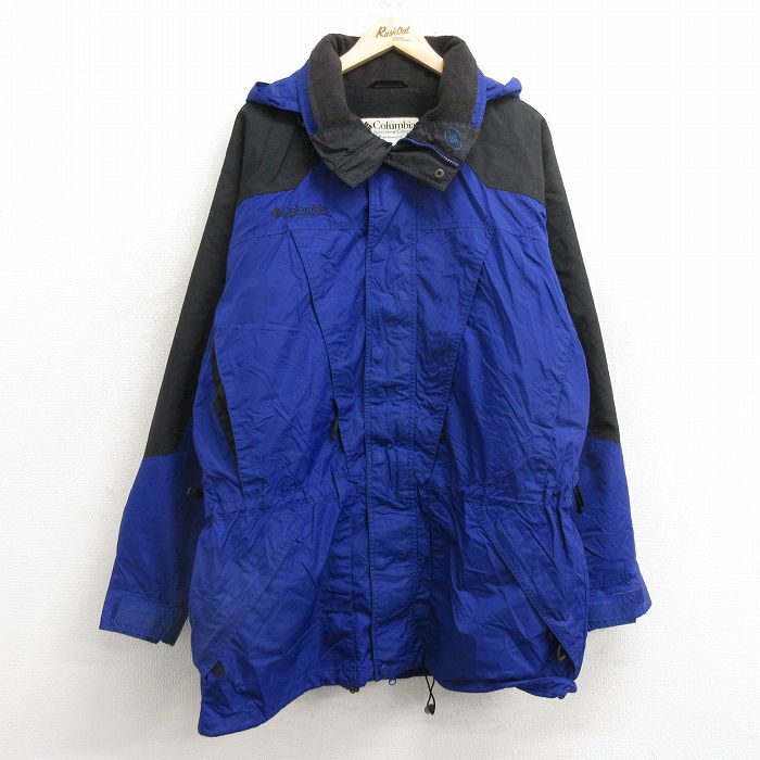 XL★古着 コロンビア COLUMBIA 長袖 ナイロン ジャケット パーカー メンズ 00年代 00s ワンポイントロゴ ロング丈 青他 ブルー 内側フリース 24dec23 中古 アウター