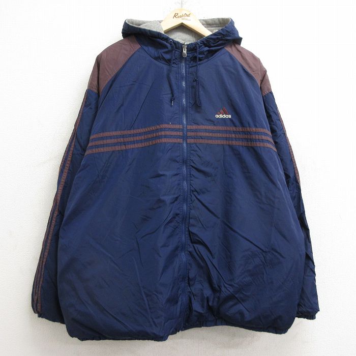 XL★古着 アディダス adidas 長袖 ナイロン ジャケット パーカー メンズ 90年代 90s ビッグロゴ リバーシブル 大きいサイズ 紺他 ネイビー 3本ライン 24dec23 中古 アウター