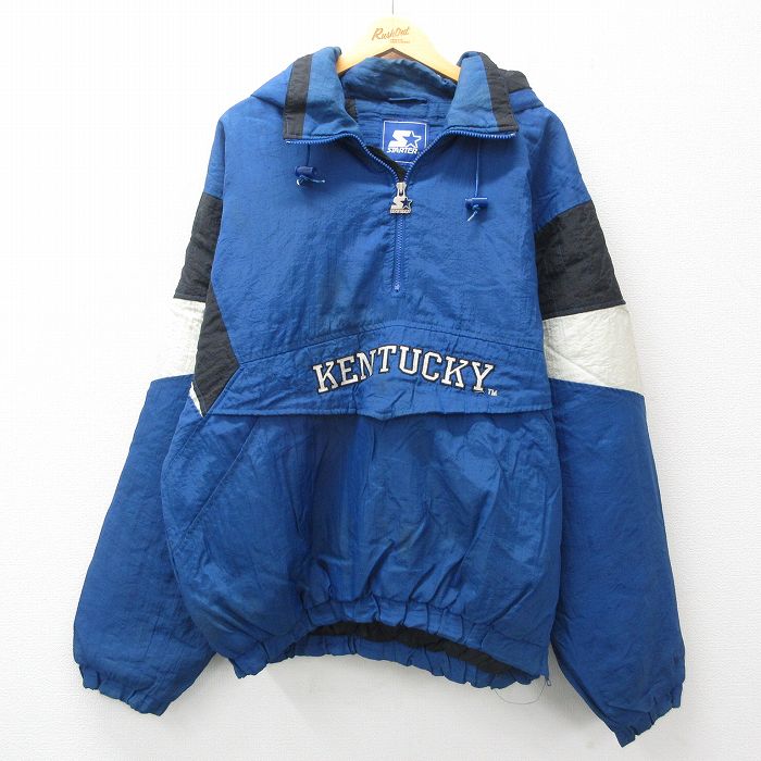 XL★古着 スターター STARTER 長袖 ハーフジップ ナイロン ジャケット パーカー メンズ 90年代 90s ケンタッキー 刺繍 大きいサイズ 紺他 ネイビー 内側キルティング 【spe】 24dec24 中古 アウター