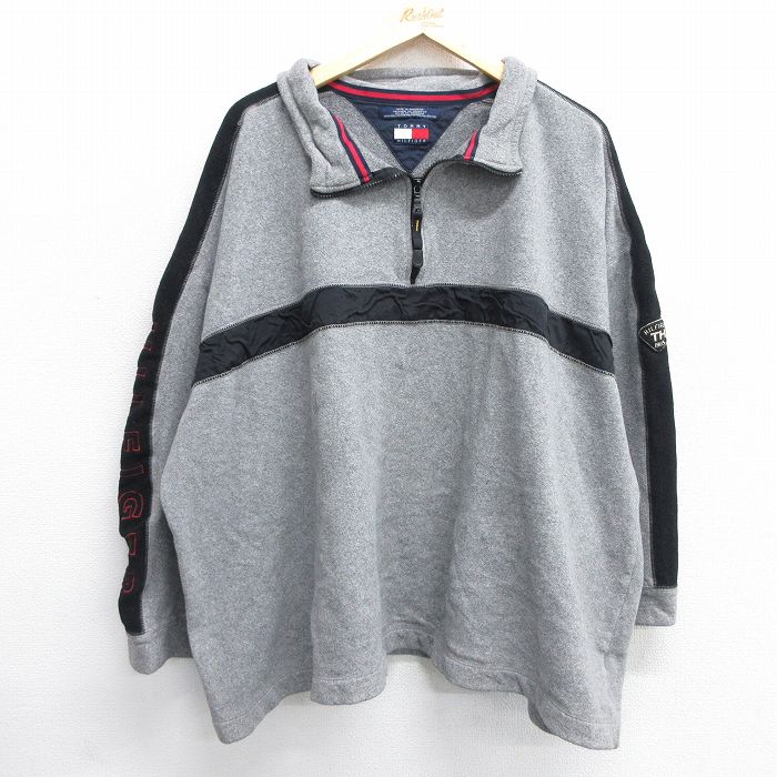 【50%OFF】XL★古着 トミーヒルフィガー TOMMY HILFIGER 長袖 ハーフジップ フリース ジャケット メンズ 90年代 90s ビッグロゴ 刺繍 大きいサイズ グレー 霜降り他 24dec26 中古 アウター